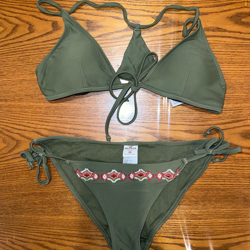 Hollister Olive Bikini with Embroidered Accents